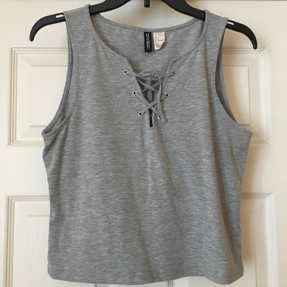 H&M Tops - H&M Gray Lace-Up Front Cropped Tank Top Large L